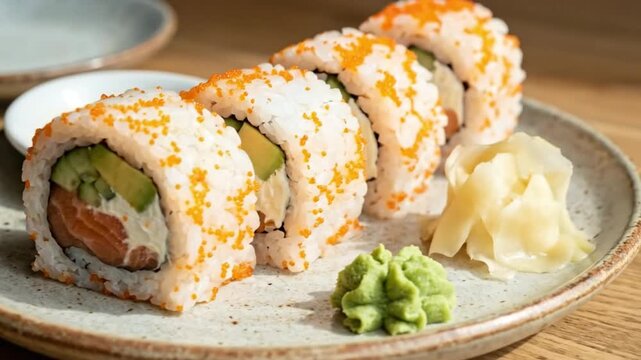 A mouth-watering close-up showcases a beautifully arranged platter of fresh sushi rolls, highlighting their vibrant ingredients and meticulous preparation. The savory rolls, generously filled with sal
