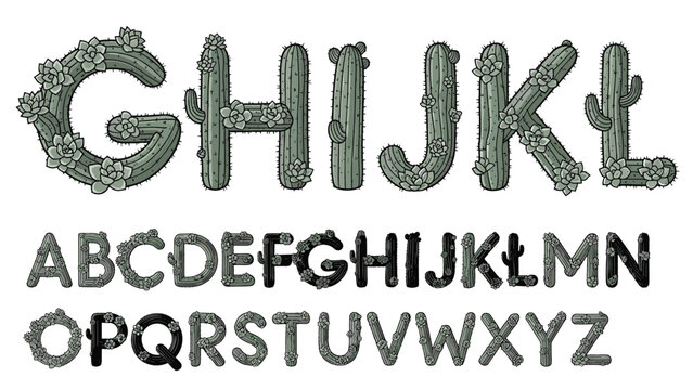 Decorative alphabet letters and numbers created with green cactus plants and succulent details for a botanical themed display.