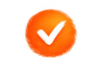 Orange circle icon featuring a white brush stroke checkmark, symbolizing approval, completion, success, and confirmation