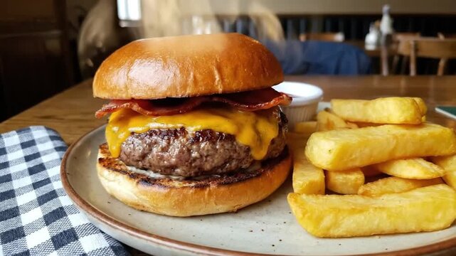 A mouth-watering, freshly prepared hamburger rests on a rustic plate, accompanied by a generous serving of golden, thick-cut fries and a small ramekin of red dipping sauce. The burger features a perfe
