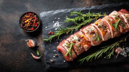 Meat is laid out on a stone surface with fresh herbs and spices nearby. Garlic cloves are also present showing preparation for cooking. This setup is in a kitchen environment.