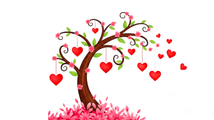 Beautiful tree with pink flowers and hanging red hearts on white background