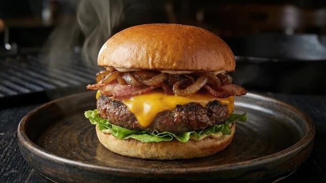 A mouth-watering gourmet burger is perfectly showcased, featuring a thick, juicy grilled beef patty generously topped with melted cheddar cheese, crispy bacon strips, and sweet, savory caramelized oni