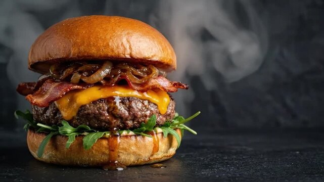A mouth-watering, gourmet burger is presented against a dark, dramatic background with subtle steam rising, creating an irresistible and dynamic presentation. This visually rich composition showcases 