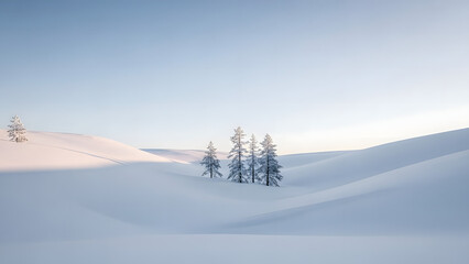 A serene and pristine winter landscape unfolds with undulating snow-covered hills under a soft, clear sky, featuring a small cluster of frosted evergreen trees in the peaceful, untouched wilderness