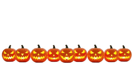 Multiple vibrant orange Halloween jack-o'-lanterns, carved with jagged teeth & wide grins, glowing warmly in a row on a transparent background with copy space, festive Halloween atmosphere