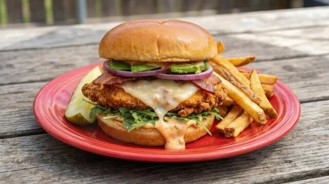 A mouth-watering, gourmet fried chicken sandwich takes center stage on a vibrant red plate, accompanied by golden-brown french fries and a crisp pickle spear. The hero sandwich features a perfectly cr