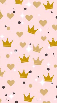 Seamless background pattern with golden crowns and hearts on pastel pink paper