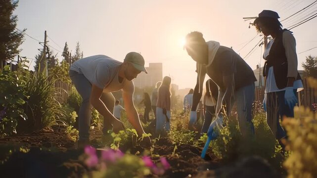 Diverse Group Working Community Garden Martin Luther King Day