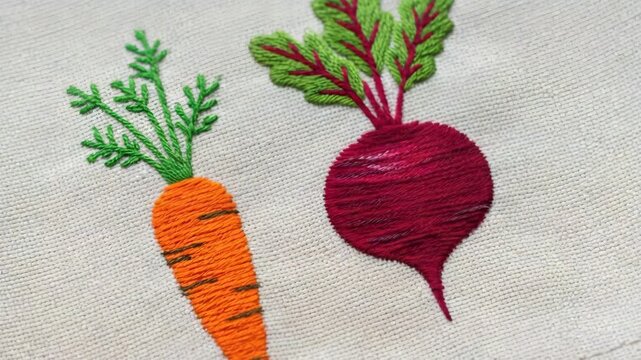 Embroidered carrot and beetroot on fabric in colorful design ,  Close-up of a reusable cloth napkin embroidered with a simple vegetable design (carrot or beet)