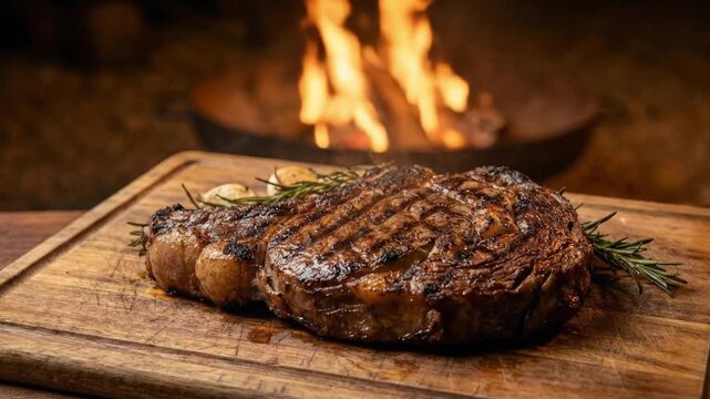 A mouth-watering, perfectly grilled steak, showcasing delicious char marks and glistening with natural juices, rests invitingly on a rustic wooden cutting board. Fresh sprigs of fragrant rosemary and 