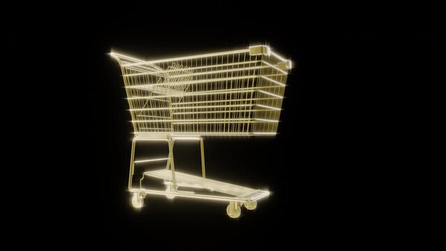 Luxury e-commerce symbol: Solid gold shopping cart rotating 360 degrees loop - created by 3D modeling ProRes 4444 animation on black background.