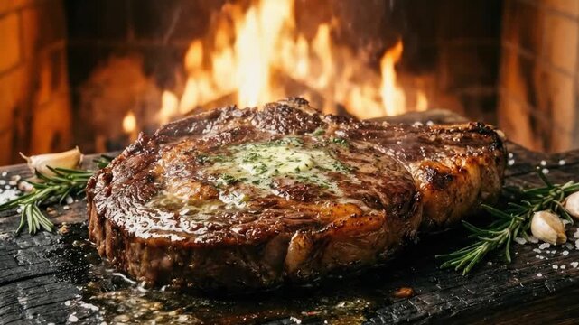 A mouth-watering, perfectly grilled steak, richly seared with a pat of melting herb butter glistening on its surface, is beautifully presented on a rustic, dark wooden board. Scattered around are fres