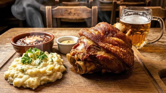 A mouth-watering view of a hearty roasted meat dish, featuring a succulent hock with perfectly crispy, golden-brown skin, steaming gently on a rustic wooden serving board. It's accompanied by creamy m