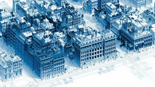 A cityscape with tall buildings and a street with people walking on. Digital replica of city infrastructure, simplified geometry, minimal data visualization, clean tech look, digital twin city model