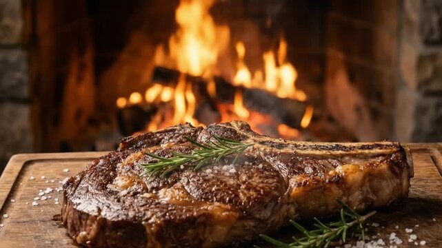 A perfectly cooked, sizzling steak, likely a substantial cut like a ribeye or tomahawk, rests enticingly on a rustic wooden cutting board. The succulent meat is beautifully seared to a rich brown, ado
