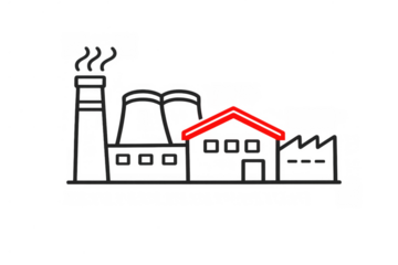 Factory building line icon representing industry, energy generation, and environmental impact with smoke from chimney
