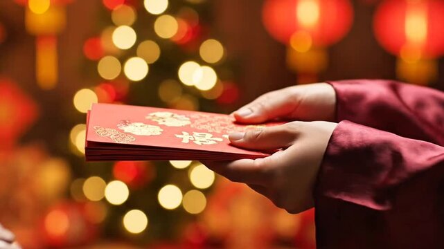 Several red envelopes are given from a man to a woman during Chinese New Year celebrations