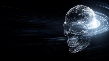 Futuristic wireframe human skull with digital swirling effects
