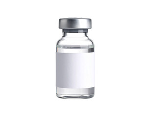 A small empty transparent vaccine ampoule bottle mockup with a white label on an isol 