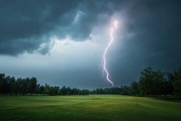 Obraz premium Dramatic lightning bolt strikes down in a stormy sky above a green landscape during a summer evening
