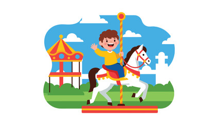 Obraz premium Flat vector illustration of a cheerful kid riding a carousel horse in a theme park plaza with flags, snack kiosk, benches and distant Ferris wheel. Solid colors, no gradients