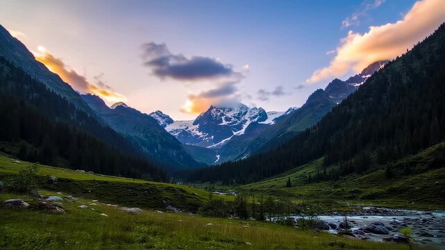 A scenic vista showcasing snow-capped mountains flanked by evergreen forests and a flowing river
