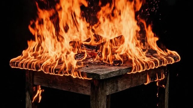 A powerful scene captures vibrant orange and yellow flames intensely burning a rustic wooden table and logs against a deep black background. Dynamic fire dances with glowing embers scattering, creatin