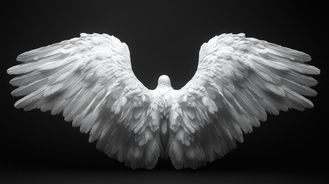  Isolated black background. White angel wings. Angel, archangel, angel of light, celestial being. Archangel, cherub, seraph