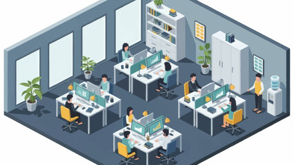 Fototapeta premium Modern office space with employees working at desks and computers.