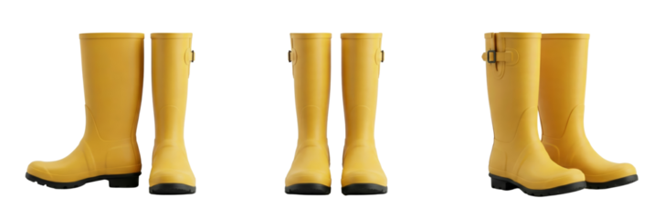 Yellow Rubber Rain Boots Set Isolated on White Background