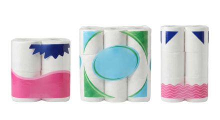 Packaged Toilet Paper Rolls: Pink, Blue & Green Designs on White Background