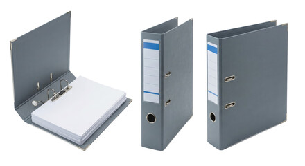 Set of Gray Ring Binders, Open and Closed, Office Supplies