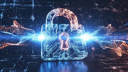 A digital representation of a padlock with glowing blue and orange circuitry, surrounded by a halo of light particles on a dark technological background