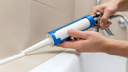 Worker applying silicone sealant to bathroom tiles