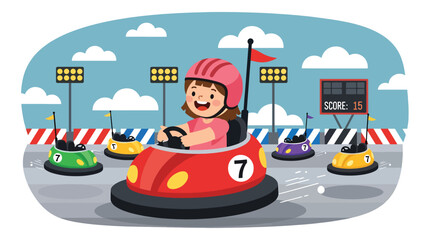 Naklejka premium Flat vector illustration of a laughing kid driving bumper cars at a theme park in a safe arena with barriers, round lights and a simple scoreboard backdrop. Solid colors, no gradients