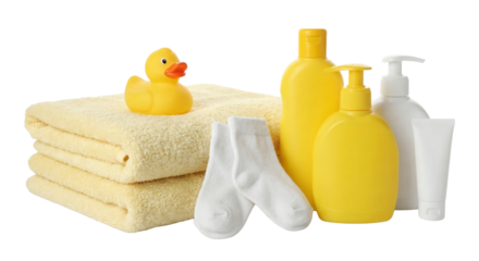 Baby Bath Time Essentials: Yellow Duck, Towels, Socks, and Toiletries