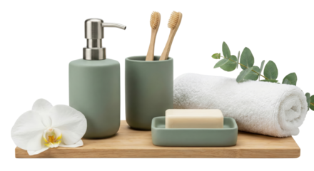 Eco-friendly bathroom essentials: soap, toothbrushes, towel, orchid, eucalyptus on wooden tray
