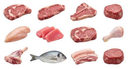 Assortment of Raw Meats and Fish: Steaks, Chicken, Pork, Lamb, Tuna, and Fish
