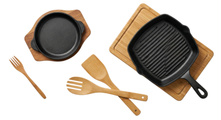 Cast Iron Cookware Set: Grill Pan, Skillet, Spatulas, and Fork on White Background