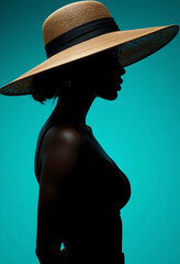 A stylish woman in a straw hat poses against a vibrant turquoise backdrop, exuding elegance and confidence.