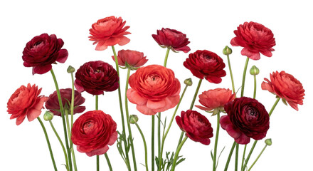 Obraz premium Vibrant Red and Pink Ranunculus Flowers Blooming on White Background