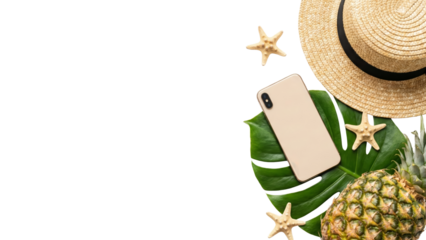 Summer Vacation Flat Lay: Straw Hat, Pineapple, Starfish, Monstera Leaf & Phone