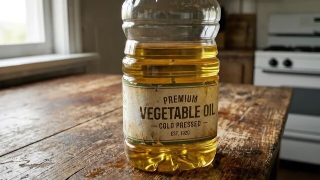 A pristine plastic bottle filled with radiant, golden vegetable oil stands prominently on a rustic, weathered wooden kitchen table. The generic label, with its vintage-inspired design, prominently fea