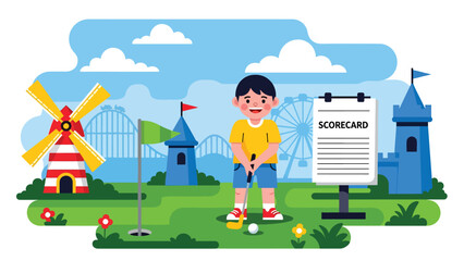 Flat vector illustration of a kid playing mini golf at a theme park course with whimsical obstacles, score sign, trimmed grass and open sky for copy space. Solid colors, no gradients