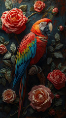 Obraz premium Artistic Colorful Macaw Parrot Illustrations Featuring Vintage Pink And Red Rose Floral Backgrounds
