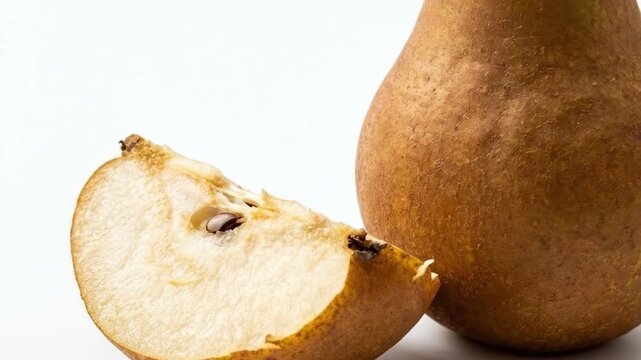 A pristine studio close-up showcases a ripe, brown-skinned pear standing upright next to a precisely cut wedge, revealing its crisp, pale-yellow flesh and a singular dark seed nestled within. The comp