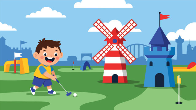 Flat vector illustration of a kid playing mini golf at a theme park course with whimsical obstacles, score sign, trimmed grass and open sky for copy space. Solid colors, no gradients