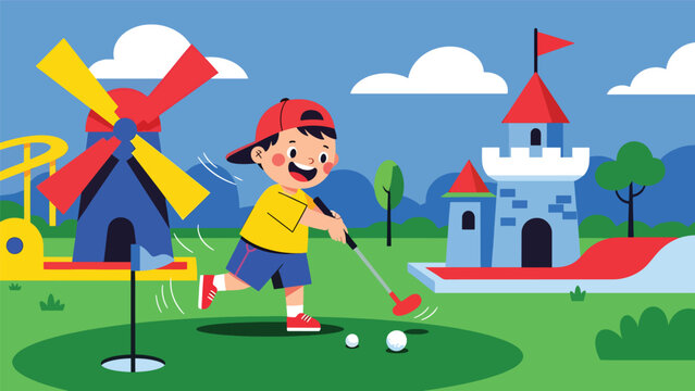 Flat vector illustration of a kid playing mini golf at a theme park course with whimsical obstacles, score sign, trimmed grass and open sky for copy space. Solid colors, no gradients