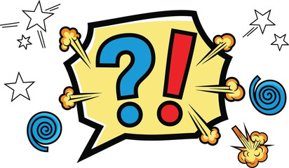 Comic style question mark and exclamation mark, pop art symbols, colorful retro burst icons, cartoon punctuation graphics for design projects